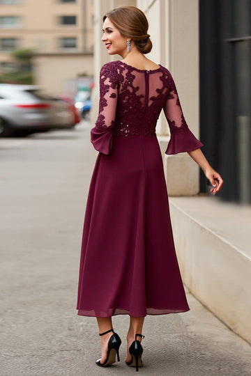 Cabernet Applique A Line Long Mother of the Bride Dress with 3/4 Sleeves